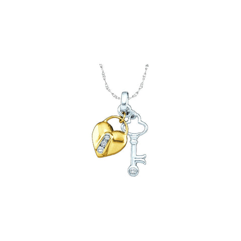 10kt Yellow Two-tone Gold Womens Round Diamond Heart Lock Key Pendant 1/20 Cttw 43857 - shirin-diamonds