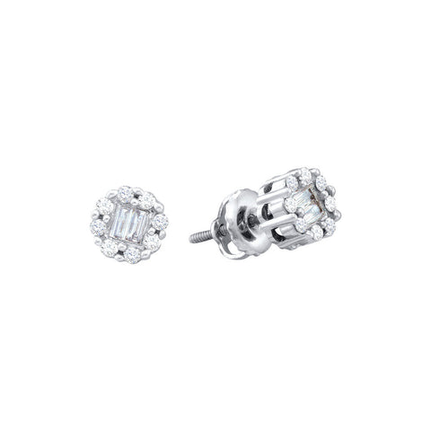 14kt White Gold Womens Round Baguette Diamond Cluster Screwback Stud Earrings 1/4 Cttw 44367 - shirin-diamonds