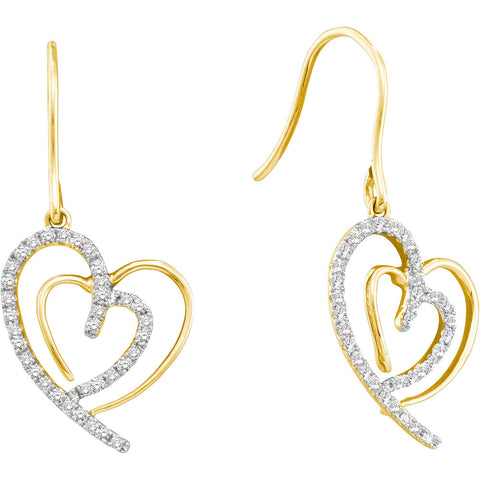 10kt Yellow Gold Womens Round Diamond Heart Love Dangle Wire Earrings 3/8 Cttw 45657 - shirin-diamonds