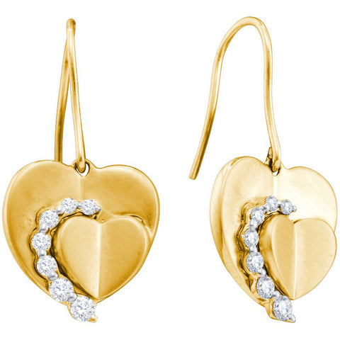 14kt Yellow Gold Womens Round Diamond Heart Dangle Wire Earrings 1/3 Cttw 45729 - shirin-diamonds