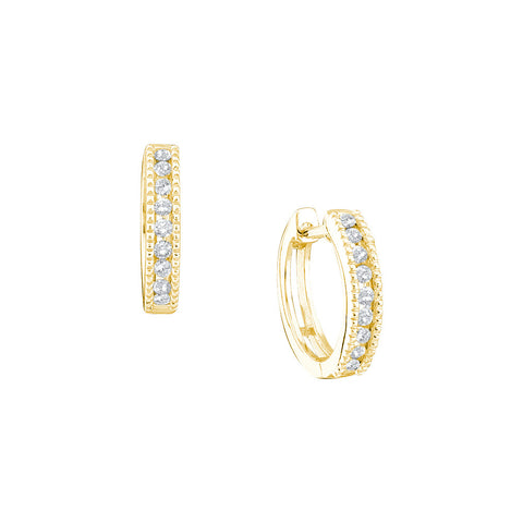 10k Yellow Gold Round Channel-set Diamond Womens Simple Milgrain-accent Hoop Fine Earrings 1/4 Cttw 46102 - shirin-diamonds