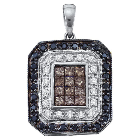 14kt White Gold Womens Black Brown Colored Diamond Rectangle Cluster Pendant 3/4 Cttw 47270 - shirin-diamonds