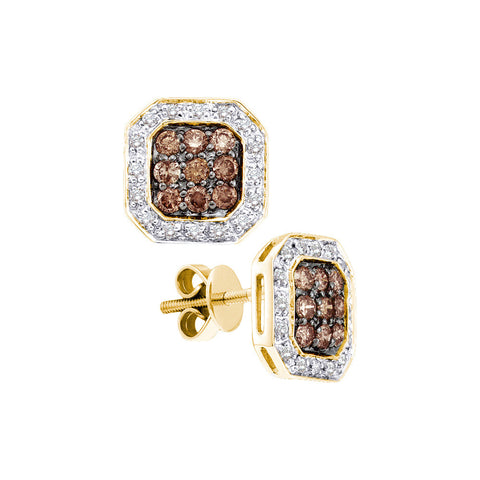 14kt Yellow Gold Womens Round Cognac-brown Colored Diamond Square Cluster Screwback Earrings 3/4 Cttw 48474 - shirin-diamonds