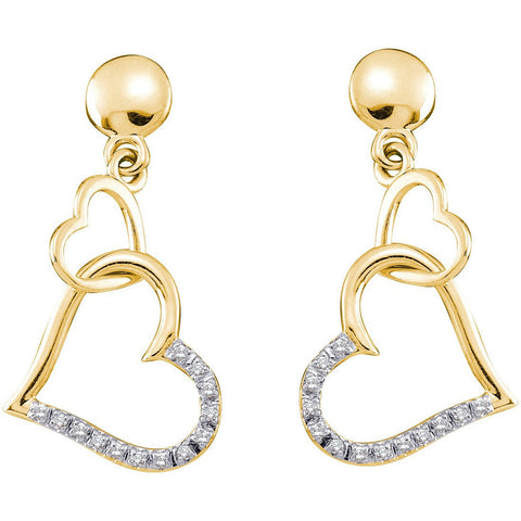 14kt Yellow Gold Womens Round Diamond Linked Hearts Dangle Screwback Earrings 1/10 Cttw 48759 - shirin-diamonds