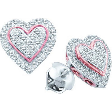 10kt White Gold Womens Round Diamond Rose-tone Heart Cluster Screwback Earrings 1/4 Cttw 51145 - shirin-diamonds