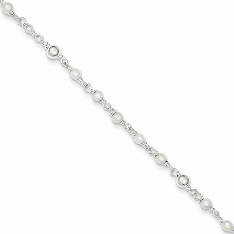 925 Sterling Silver 3mm Polished FW Cultured Pearl and Heart Chain Anklet