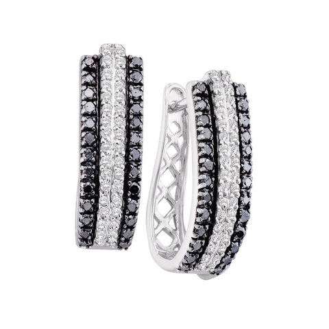 14kt White Gold Womens Round Black Colored Diamond Triple Row Vertical Stripe Hoop Earrings 1.00 Cttw 51612 - shirin-diamonds