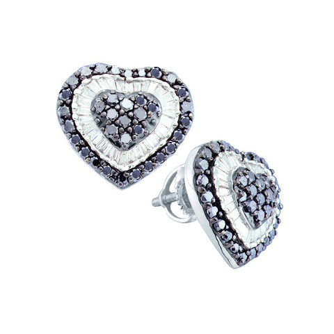 14kt White Gold Womens Round Black Colored Diamond Heart Cluster Screwback Earrings 1-1/2 Cttw 51931 - shirin-diamonds