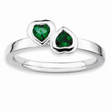 Sterling Silver Stackable Expressions Cr. Emerald Double Heart Ring Size 8