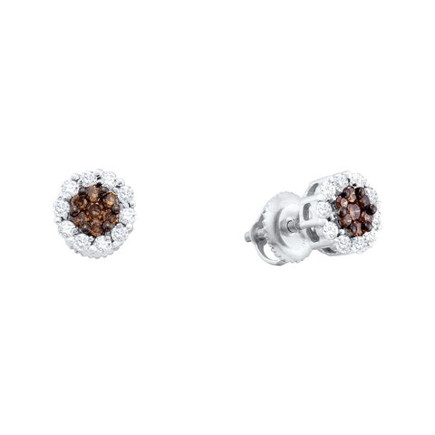14k White Gold Womens Cognac-brown Colored Diamond Halo Flower Cluster Screwback Stud Earrings 1/2 Cttw 53953 - shirin-diamonds