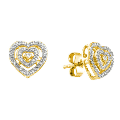 10kt Yellow Gold Womens Round Diamond Heart Love Cluster Earrings 1/12 Cttw 55364 - shirin-diamonds
