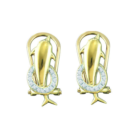 10kt Yellow Gold Womens Round Diamond Dolphin French-clip Earrings 1/12 Cttw 55560 - shirin-diamonds