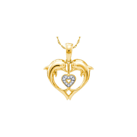 10kt Yellow Gold Womens Round Diamond Double Dolphin Heart Pendant .03 Cttw 55753 - shirin-diamonds