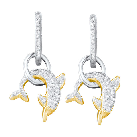 10k White Gold Round Pave-set Diamond Womens Dolphin Nautical Dangle Earrings 1/3 Cttw 55929 - shirin-diamonds