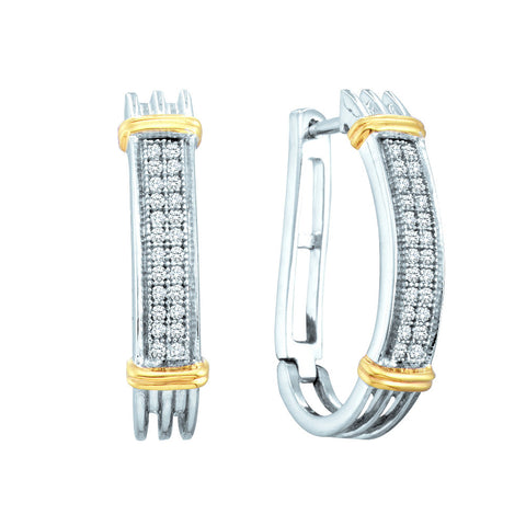 Sterling Silver Womens Round Diamond Two-tone Oblong Double Row Hoop Earrings 1/6 Cttw 56046 - shirin-diamonds