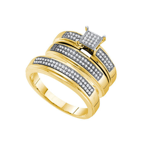 10kt Yellow Gold His & Hers Round Diamond Cluster Matching Bridal Wedding Ring Band Set 1/3 Cttw 56095 - shirin-diamonds