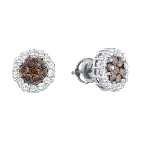 14kt White Gold Womens Round Cognac-brown Colored Diamond Flower Cluster Screwback Earrings 3/4 Cttw 56859 - shirin-diamonds