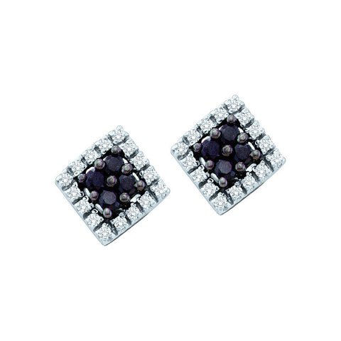 10kt White Gold Womens Round Black Colored Diamond Square Cluster Screwback Earrings 1/4 Cttw 57370 - shirin-diamonds