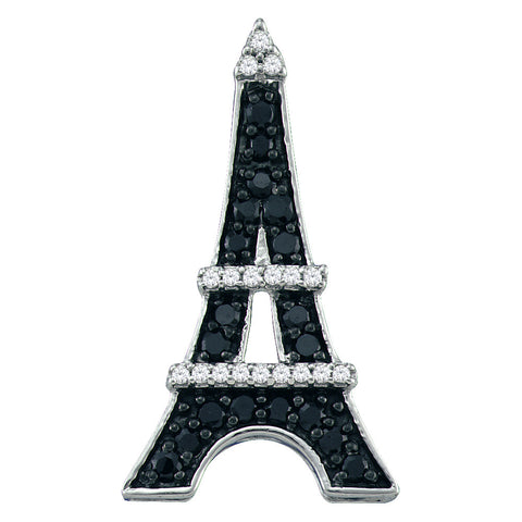 10kt White Gold Womens Round Black Colored Diamond Eiffel Tower France Pendant 1/3 Cttw 57446 - shirin-diamonds