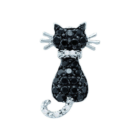 10kt White Gold Womens Round Black Colored Diamond Kitty Cat Feline Animal Pendant 1/3 Cttw 57449 - shirin-diamonds