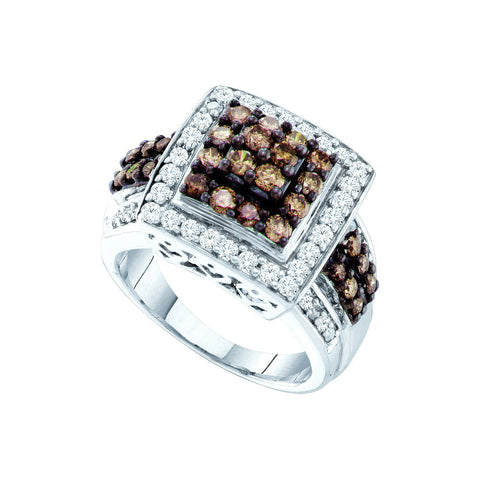 10kt White Gold Womens Round Cognac-brown Colored Diamond Square Cluster Ring 1-1/2 Cttw 58478 - shirin-diamonds