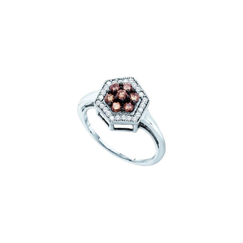 10kt White Gold Womens Round Cognac-brown Colored Diamond Polygon Cluster Ring 1/2 Cttw 58528 - shirin-diamonds