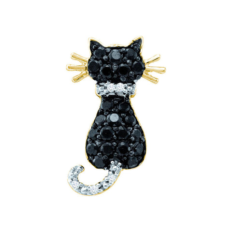10kt Yellow Gold Womens Round Black Colored Diamond Kitty Cat Feline Pendant 1/3 Cttw 58769 - shirin-diamonds