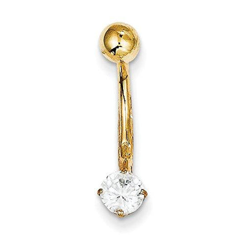 10k W/5mm Round Cz Belly Dangle 10BD125<BR>Polished | 10K Yellow Gold | Open Back | CZ | Screw Back