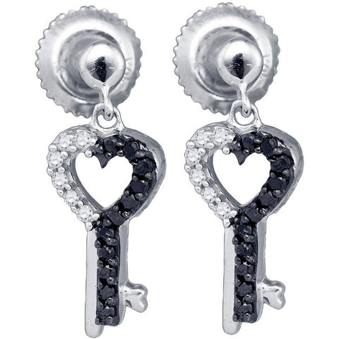 10kt White Gold Womens Round Black Colored Diamond Key Heart Dangle Earrings 1/6 Cttw 60160 - shirin-diamonds