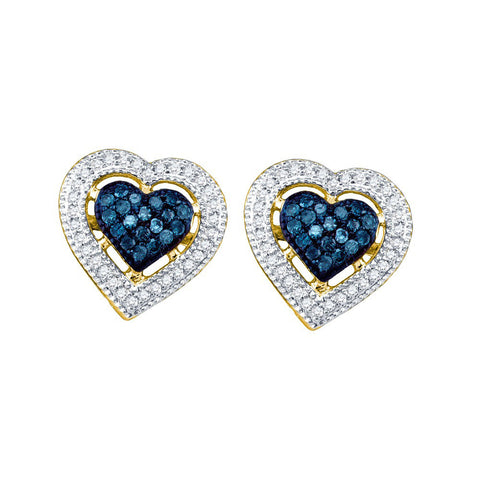 10kt Yellow Gold Womens Round Blue Colored Diamond Heart Love Screwback Earrings 3/8 Cttw 60785 - shirin-diamonds