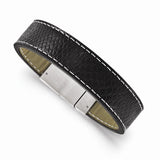 Stainless Steel Brushed Black Leather Bracelet 8.25in