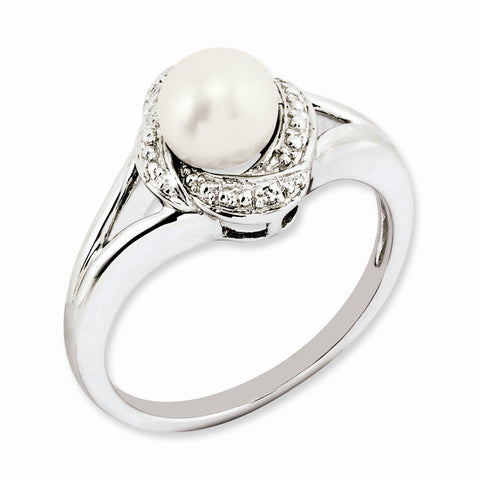 925 Sterling Silver Rhodium-Plated Diamond and Freshwater Cultured Pearl Ring