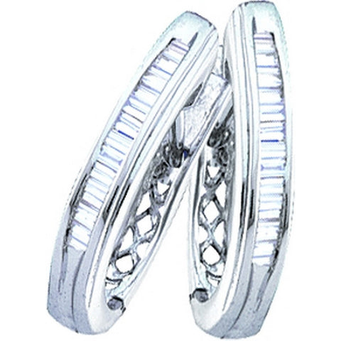 Sterling Silver Baguette Diamond Channel-set Womens Fine Oblong Hoop Earrings 1/4 Cttw 62837 - shirin-diamonds