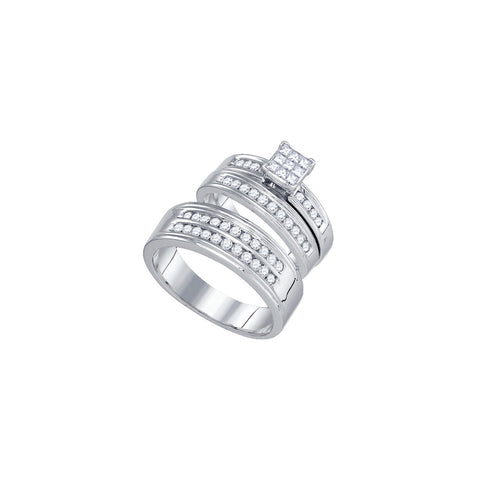 14kt White Gold His & Hers Princess Diamond Cluster Matching Bridal Wedding Ring Band Set 1.00 Cttw 63469 - shirin-diamonds