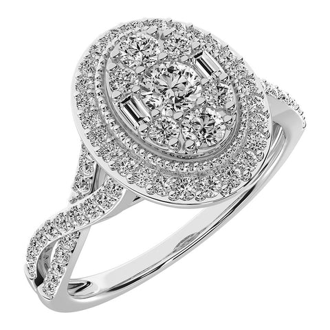14K White Gold 1/2 Ct.Tw. Diamond Round and Baguette Oval Shape Engagement Ring