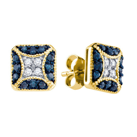 10kt Yellow Gold Womens Round Blue Colored Diamond Square Cluster Earrings 1/2 Cttw 65829 - shirin-diamonds
