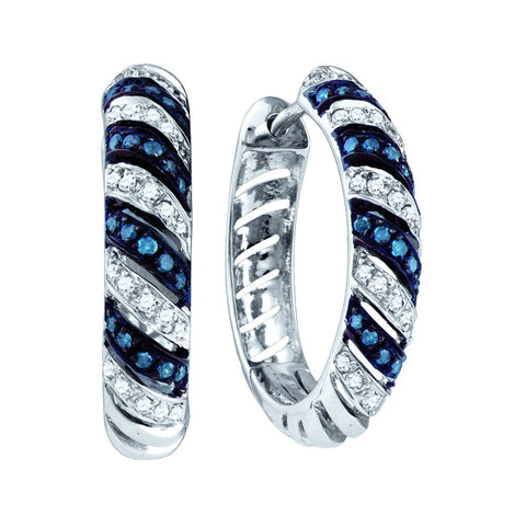 10k White Gold Blue Colored Round Diamond Womens Horiztonal Stripe Lightweight Hoop Earrings 1/2 Cttw 65962 - shirin-diamonds
