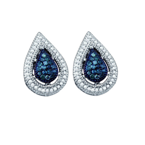 14kt White Gold Womens Round Blue Colored Diamond Teardrop Cluster Earrings 3/8 Cttw 66821 - shirin-diamonds