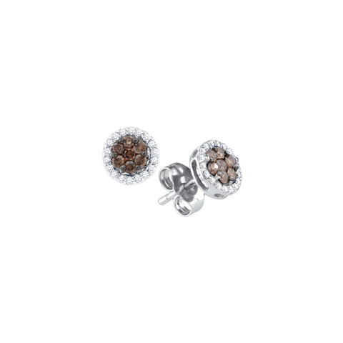 10k White Gold Womens Cognac-brown Colored Diamond Flower Cluster Screwback Stud Earrings 1/4 Cttw 70862 - shirin-diamonds