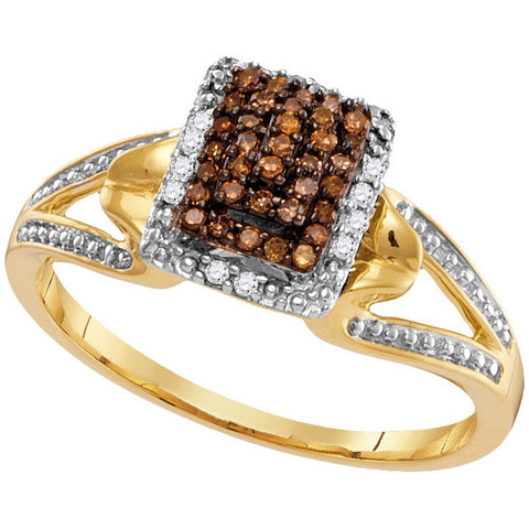 10kt Yellow Gold Womens Round Cognac-brown Colored Diamond Cluster Ring 1/6 Cttw 70912 - shirin-diamonds