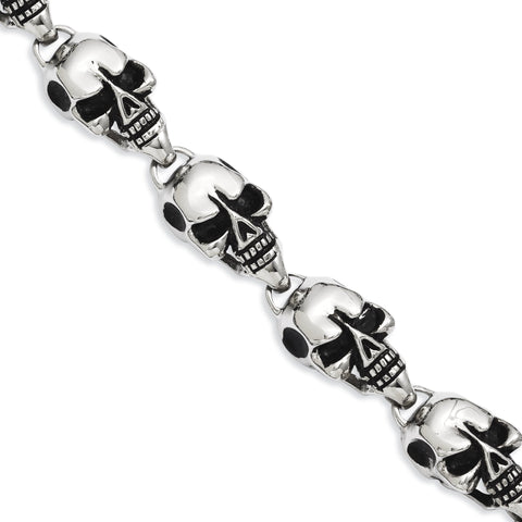 Stainless Steel Antiqued Skulls Bracelet 8.5in