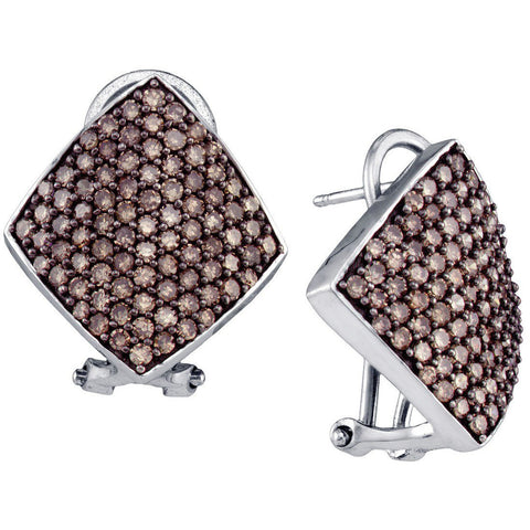 10kt White Gold Womens Round Cognac-brown Colored Diamond Square Cluster Omega-back Earrings 1-7/8 Cttw 72426 - shirin-diamonds