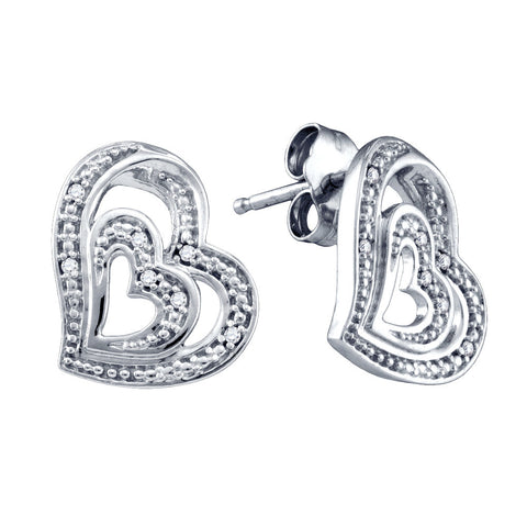 Sterling Silver Womens Round Diamond Heart Love Screwback Earrings 1/20 Cttw 74054 - shirin-diamonds