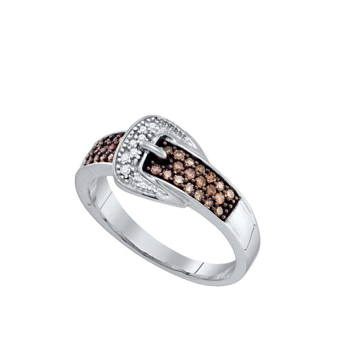 10kt White Gold Womens Round Cognac-brown Colored Belt Buckle Diamond Band Ring 1/4 Cttw 74393 - shirin-diamonds