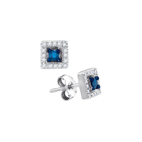 10kt White Gold Womens Round Blue Colored Diamond Square Solitaire Stud Earrings 1/5 Cttw 75016 - shirin-diamonds
