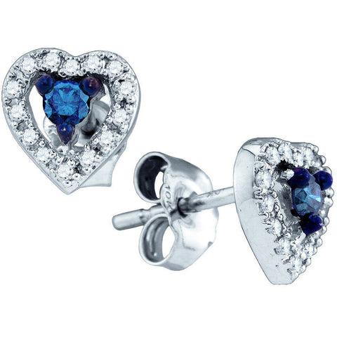 10k White Gold Blue Colored Round Diamond Heart Cluster Screwback Stud Earrings Womens Girls 1/5 Cttw 75066 - shirin-diamonds