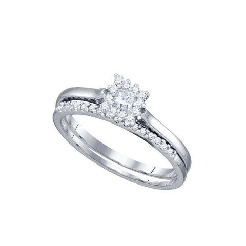 10k White Gold Princess Solitaire Diamond Halo Womens Slender Wedding Bridal Ring Set 1/4 Cttw 75267 - shirin-diamonds