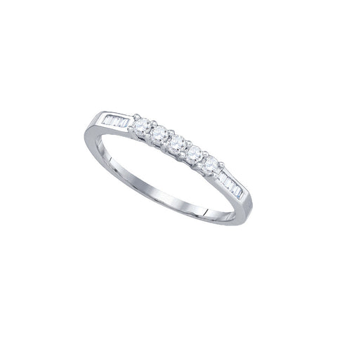 14k White Gold Round 5-stone Baguette Diamond Womens Bridal Wedding Anniversary Band 1/4 Cttw 75519 - shirin-diamonds