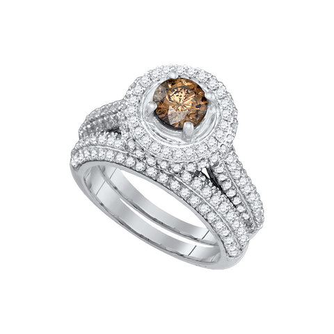14kt White Gold Womens Round Cognac-brown Colored Diamond Halo Bridal Wedding Engagement Ring Band Set 2-1/12 Cttw 77610 - shirin-diamonds
