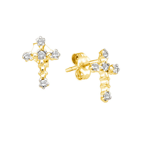 10kt Yellow Gold Womens Round Diamond Cross Faith Earrings 1/20 Cttw 7930 - shirin-diamonds